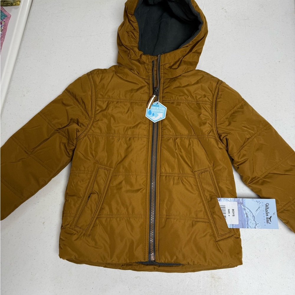 Kids Whales Tail Outerwear Hooded Puffer Jacket in Tan Size 4